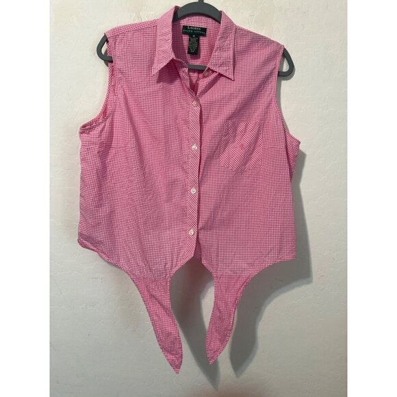 Lauren Ralph Lauren Red White Check Sz 16 Tie Waist Sleeveless Button Up Blouse - Picture 2 of 7